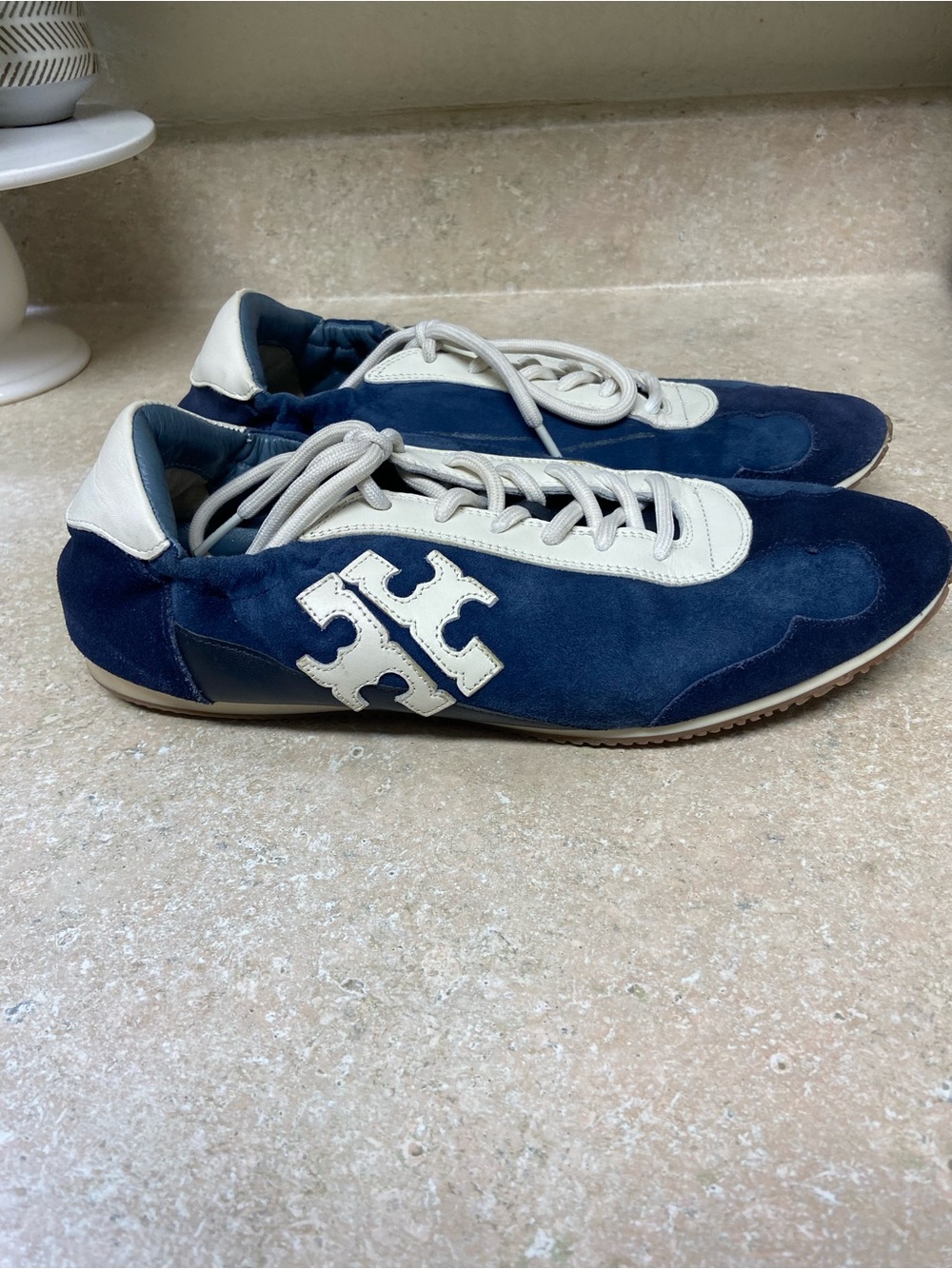 Tory Burch Marine Blue Navy White Monogram Suede Retro Sneakers Womens 9.5 Shoes